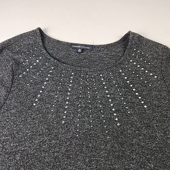 Adrienne Vittadini 2XL Grey Crystal Studded Round Neck Sweater Gathered Sleeve - Picture 2 of 9